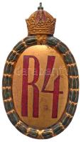 Osztrák-Magyar Monarchia ~1916. "R4" 4. Ulánus Lovas Lövészezred aranyozott, zománcozott sapkajelvény (42x24mm) T:2 Austro-Hungarian Monarchy ~1916. "R4" 4. Landwehr Ulanen Regiment gilt, enamelled cap badge (42x24mm) C:XF