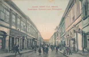 Újvidék, Neusatz; Duna utca, Léderer Jenő bank és bizományi üzlete, Milan Ivkovic kiadása / street, shops (EK)