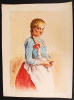 Prihoda István (1891-1956): Lány rózsafüzérrel. 2 db rézkarc egyik színezett, papír, jelzett, 38x26 cm