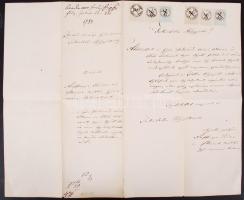 1861 Győr, Telekvásárlási kérelem Győr város közgyűléséhez okmánybélyegekkel 2 db réznyomatos 1 koronás és 2 db 2 koronás és 2 db 15 koronás illetékbélyeg felhasználásával.