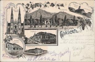 Versec, Catholic and Serbian church, Main square, school, floral, litho