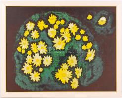 Tóth Erika: Sárga virágok. Vegyes technika, selyem-karton, jelzés nélkül, újszerű keretben, 70×54 cm