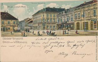 Versec, Ferenc József tér, Wassermann, Győri Mór és Steiner üzletei / square, shops, litho (EK)