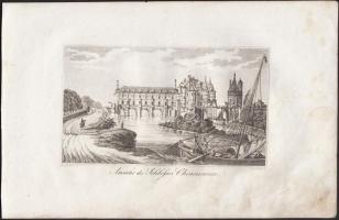 cca 1800 4 db francia témájú rézmetszet (Chenonceaux, Párizs, Besancon, Puy-en-Velay), 14x8 cm