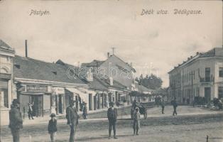 Pöstyén, Deák utca, takarékpénztár, könyvnyomda, könyv és papírkereskedés / street, savings bank, printing house and book shop, hotel