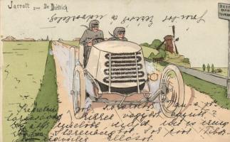 'Jarrott sur De Diétrich' automobile, hand painted, artist signed postcard