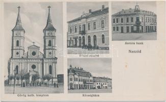 Naszód Aurora bank, Fő tér Moszovits Dávid üzletével, községháza, Görög katolikus templom; Kaim Mózes kiadása / bank, main square with shop, town hall, Greek catholic church