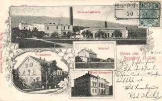 Bernartice u Javorníka, Barzdorf; Zündwarenfabrik, Bahnhof, Hotel Kronprinz; Verlag Aug. Hannig / factory, railway station, hotel; floral (cut)