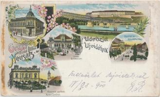 Újvidék központi hitelintézet, Központi szálloda, lövölde, Erzsébet tér, Pétervárad vár / credit bank, Hotel Central, shooting hall, Elisabeth square, Pétervárad castle, floral litho