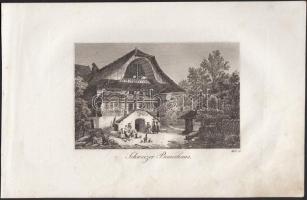 cca 1800 9 db svájci témájú rézmetszet (Freyburg, Zürich, svájci parasztház, Spitze im Juragebirge, ...