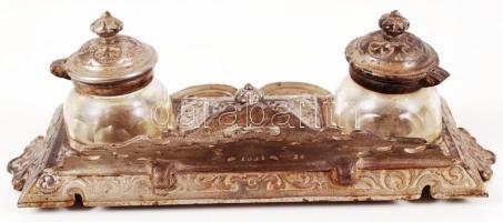 Antik oroszlánfejes asztali szett, gazdagon díszített, fém, sorszámozott, jó állapotban, eredeti ép ...