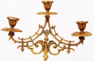 Antik háromágú, bronz gyertyatartó, több elem mozog, 36×29cm / Three branched bronze candle stick,