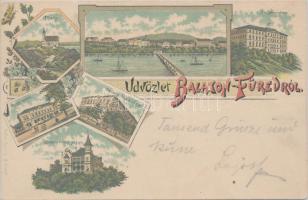 1896 Balatonfüred Erzsébet udvar, gyógyterem, hercegprímási lak, Stefánia udvar, Tihany; Koller Károly kiadása, floral litho