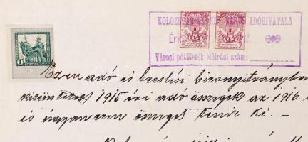 1917 Kolozsvár okirat 4x 1K városi illetékbélyeggel (100.000**)