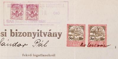 1917 Kolozsvár okirat 4x 1K városi illetékbélyeggel (100.000**)