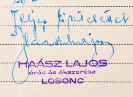 1939 Losonc Halász Lajos órás reklámos számla / watch-maker invoice
