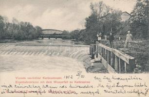 Karánsebes vízesés, vashíd, halász; H. Rosenfeld kiadása / waterfall, railway bridge, fisherman