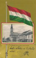 Máramarossziget Fő tér a Katolikus templommal, magyar zászló; Kaufmann Ábrahám kiadása / Main square with Catholic church, Hungarian flag, litho (fl)