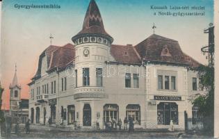 Gyergyószentmiklós Kossuth tér, Novák gyógyszertára, Klucs Ödön és Hügel Lipót üzletei / pharmacy, shops (EK)