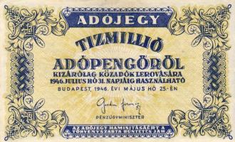 1946. 10.000.000Adópengő hátoldali gépszínátnyomattal! T:II