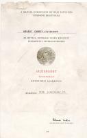 1988. "Ifjúságért" érdemérem adományozó oklevél (beszakdva) piros műanyag mappában KISZKB első titkára s.k. aláírásával