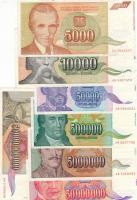 Jugoszlávia 1993. 5000D + 10000D + 50.000D + 500.000D + 5000.000D + 50.000.000D + 500.000.000D + 50.000.000.000D T:II Csak egyszer hajtva!