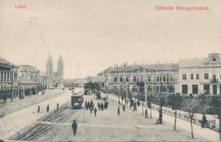 Nyíregyháza, látkép villamossal; kiadja Piringer J. utóda