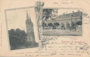 Hajdúhadház, Református templom, Fő utca, lisztraktár; Horovicz Lajos kiadása, floral