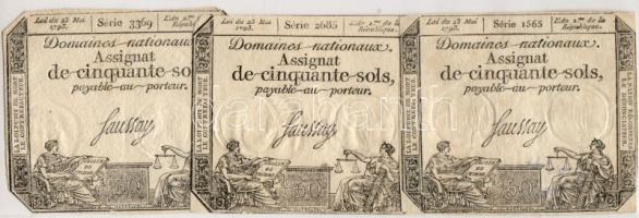 Franciaország 1793. "Assignat" 50Sol (3x) klf. szériaszámokkal T:I-,II+