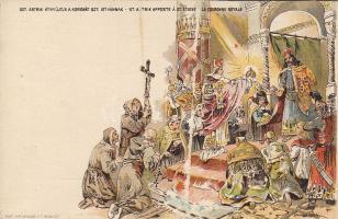 1896 Millenniumi 2 krajcáros díjjegyes litho lap Szt. Asztrik átnyújtja  a koronát Szt. Istvánnak (guminyom)