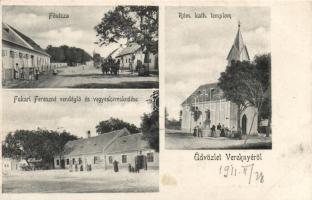 Vereknye, Fukari Ferenczné vendéglője és vegyeskereskedése, katolikus templom / restaurant, shop, church