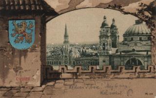 Cegléd, Református templom, címer; Sárik Gyula kiadása / coat of arms litho