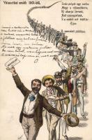 Választási emlék 1901-ből 'Száz polgár egy sorba, Megy a választásra...' / Hungarian elections, humour, litho