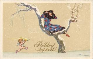 New Year, Italian art postcard s: Busi