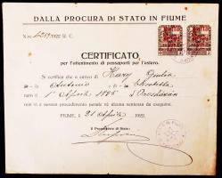 1922 Fiume okmánybélyeg felülbélyegzés postabélyegen / Fiume document stamp franking on postal stamp