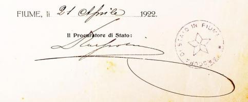 1922 Fiume okmánybélyeg felülbélyegzés postabélyegen / Fiume document stamp franking on postal stamp