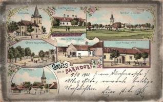 Pándorfalu, Parndorf; church, main square, restaurant, floral, litho (EK)