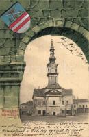 Késmárk, Városháza / Town hall, coat of arms, litho