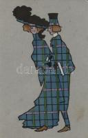 Checked pattern couple, hand painted art postcard