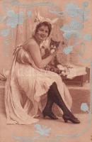 Lady with cat ears, cat, silver Art Nouveau litho