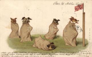 1899 Dogs, sack-race litho