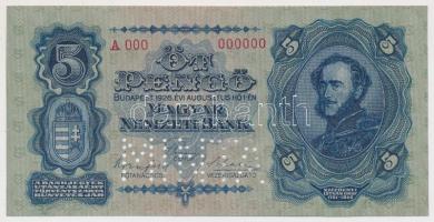 1928. 5P "A 000 - 000000" sorszámmal és "MINTA" perforációval! T:II-(két hajtás, egyik enyhe, apró tűlyuk) RR! Hungary 1928. 5 Pengő with "A 000 - 000000" serial naumber and with "MINTA" (specimen) perforation! C:XF,VF(folded two times but slightly) RR! Adamo P4M1a