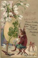 Easter, rabbit painter, Emb. litho