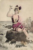 Lady on the beach, French art postcard (Rb)