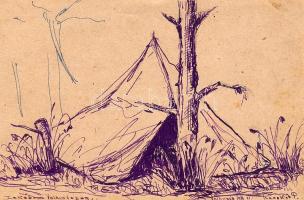 1917. Tábori lapon Kecskés Péter honvéd és néptanító lila tussal készült rajza, feljegyzése, aláírás...