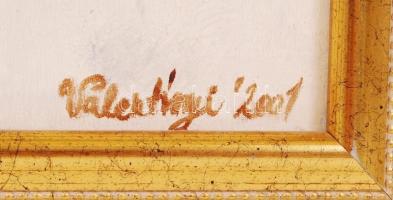 Valentinyi Márta: Szélben. Olaj, farost, jelzett, újszerű üvegezett keretben, 50×50 cm