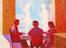 Győri Zsolt (1968-): Szimpla menedék. Olaj, vászon, jelzett, keretben 50×60 cm