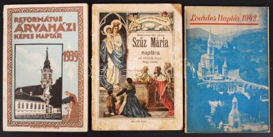 1933-1942 3 db nyomtatvány-Steinbrener Ker. János Szűz Mária naptára az 1933-ik évre; Református árvaházi képes naptár 1939; Lourdes Naptár 1942.