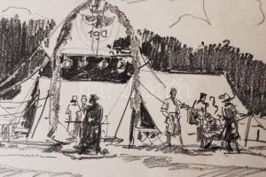 Márton Ferenc (1884-1940): 1933 Jaboree: A debreceni Máv műhely kapuja. Ceruza, papír, jelzett, 20×2...