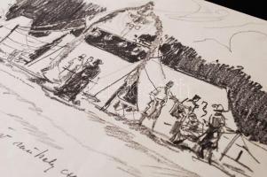 Márton Ferenc (1884-1940): 1933 Jaboree: A debreceni Máv műhely kapuja. Ceruza, papír, jelzett, 20×2...